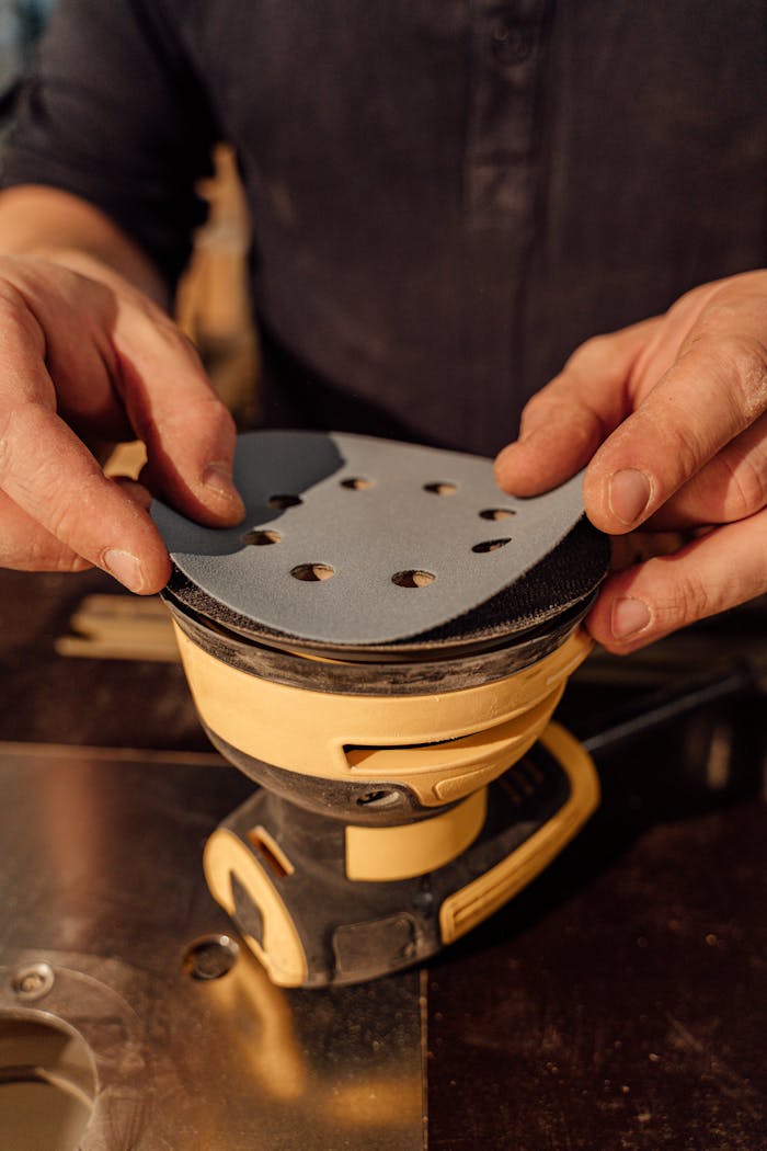 Offerings Hands carefully attaching a sanding pad to an industrial machine in a workshop setting.